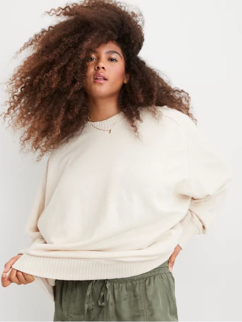 Aerie Down-To-Earth Crew Sweatshirt Cozy Women's Cream Crewneck Sweater